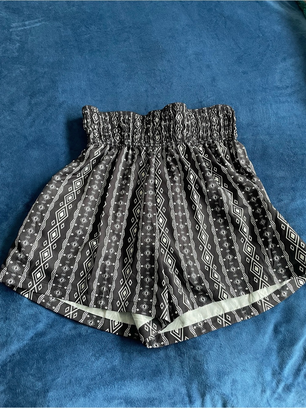 High-Waist Black Aztec-Print Smocked Shorts